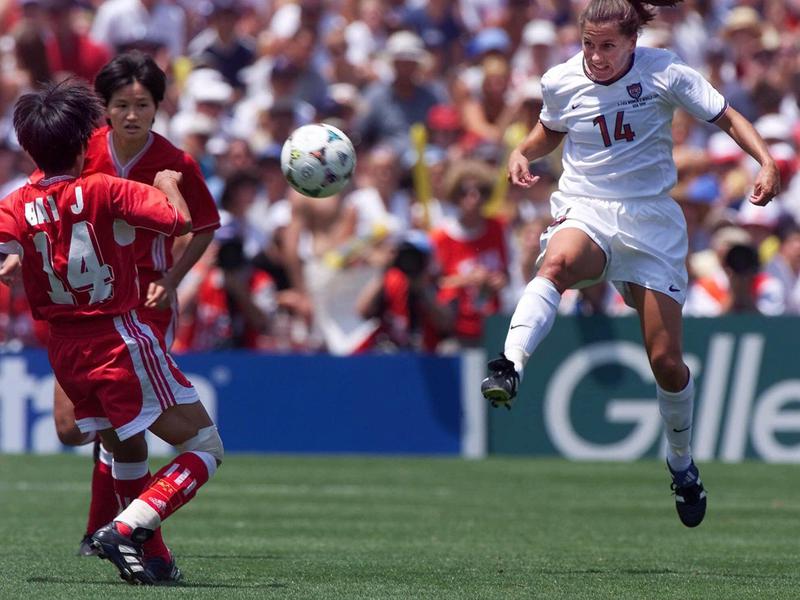 United States defender Joy Fawcett attempts a shot on goal against China during the 1999 Women's World Cup final at the Rose Bowl in Pasadena, California.