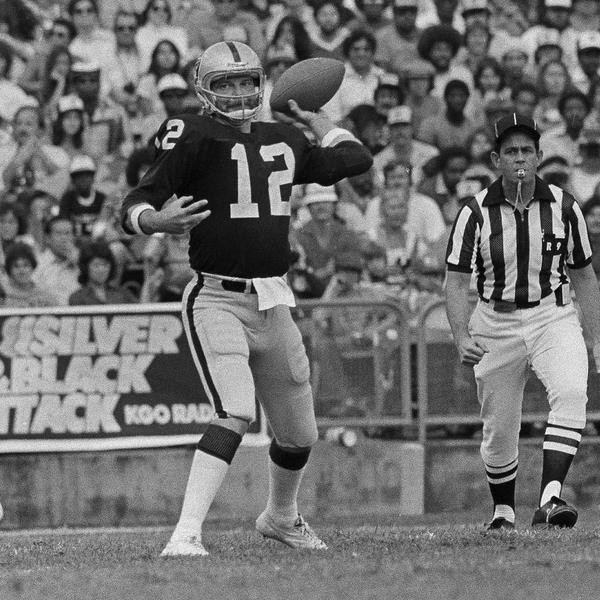 Oakland Raiders quarterback Ken Stabler is pictured during game against the Atlanta Falcons in Oakland, Calif., Oct. 14, 1979.